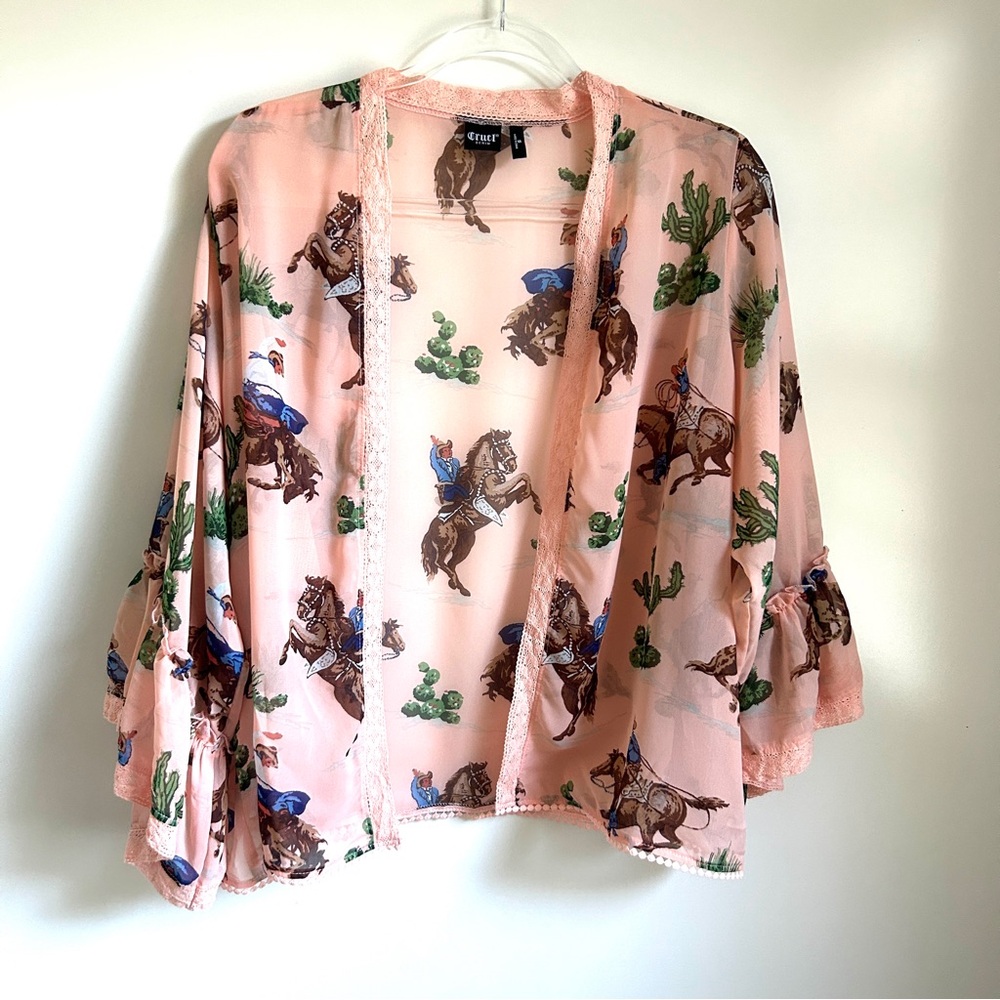 Cruel Denim | Women’s Sheer Cowboy & Cactus Short Lace Peach Kimono Oversized S